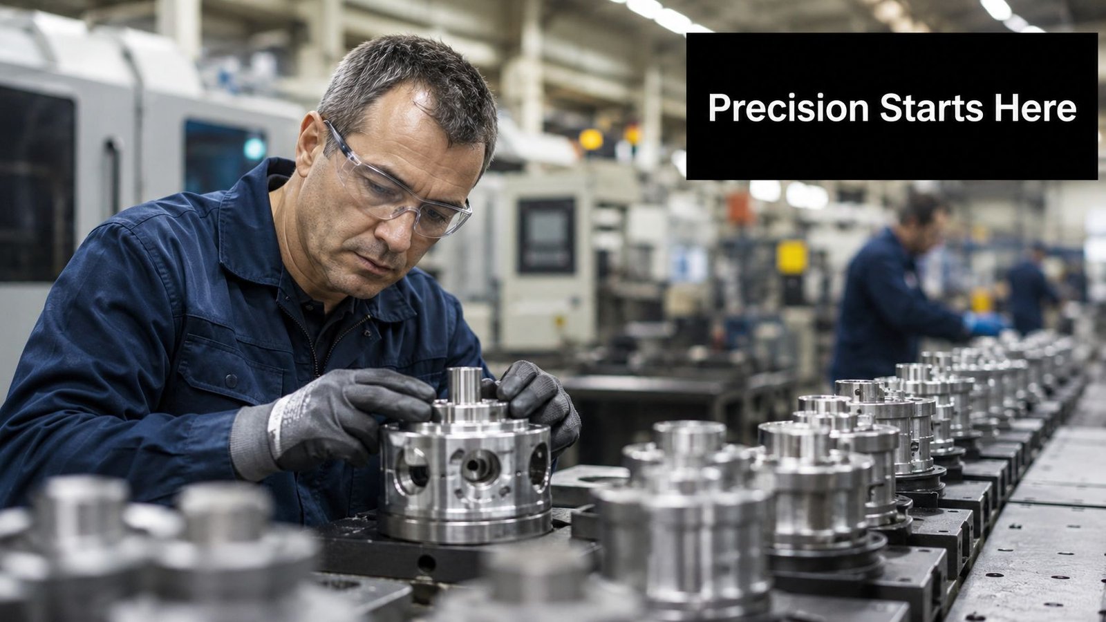 A skilled worker in a manufacturing plant inspects a precision-machined metal component on the factory floor.