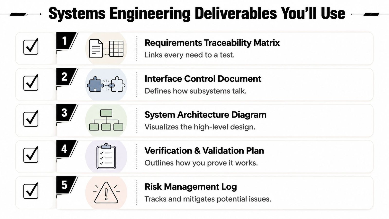 A list graphic showing five key systems engineering deliverables including documentation, diagrams, and management plans.