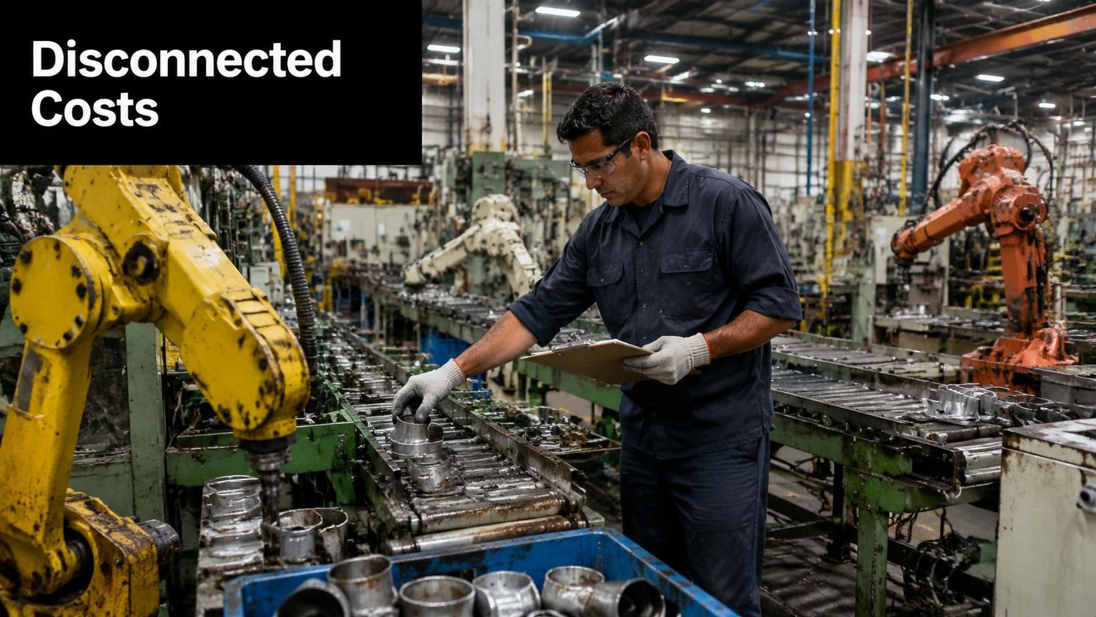 A factory worker in a blue uniform inspecting automotive parts on a conveyor belt in a manufacturing plant.
