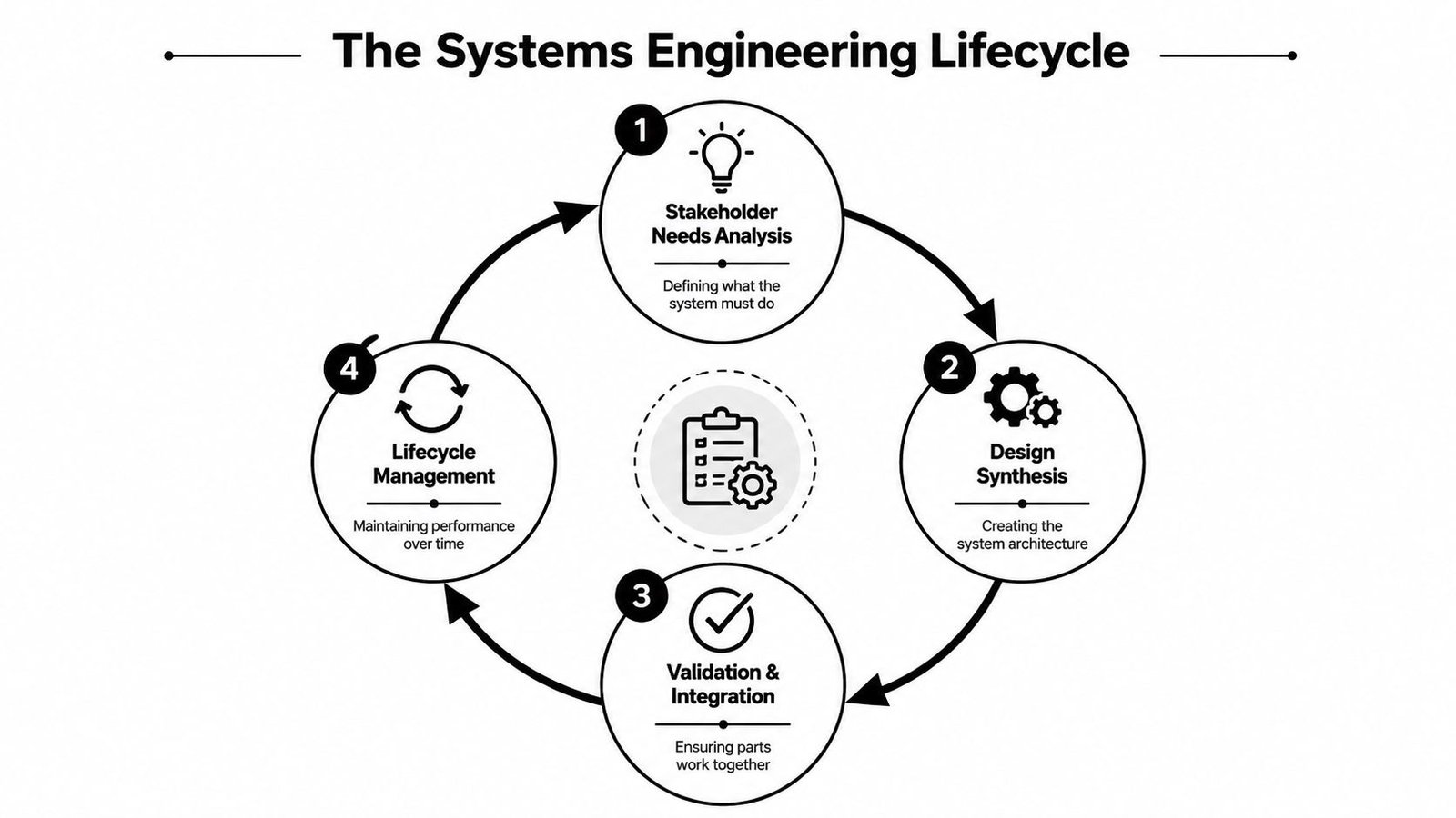A circular diagram showing the four stages of the systems engineering lifecycle from analysis to management.