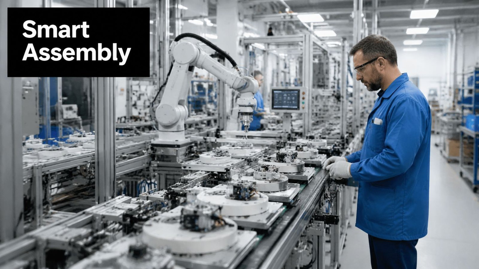 A technician in a blue uniform observes a robotic arm working on an automated factory assembly line.
