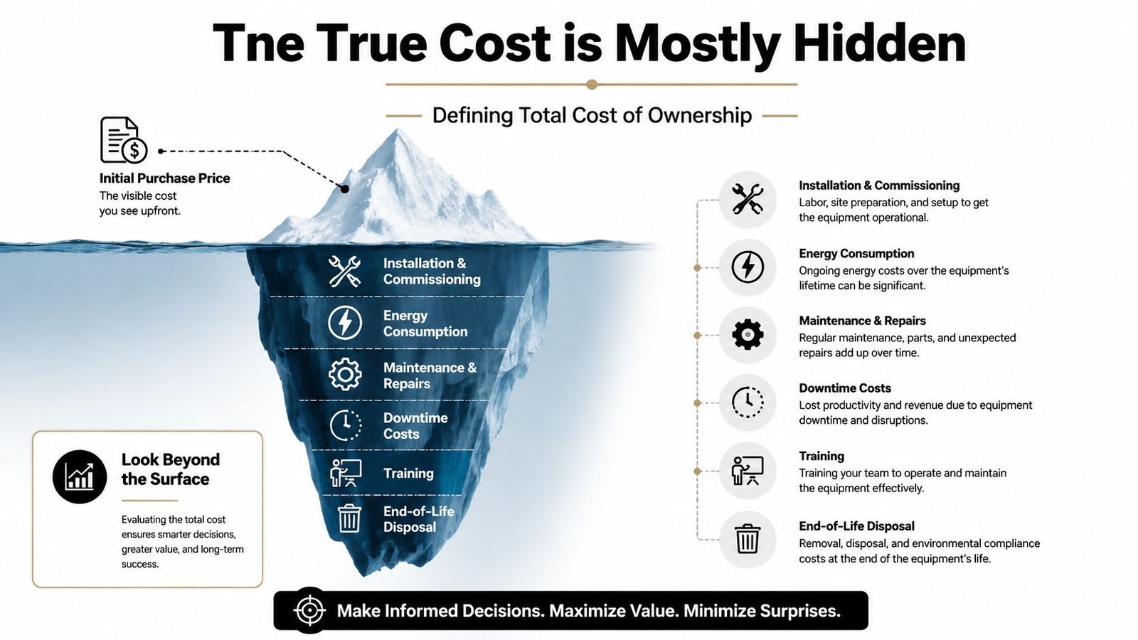 An infographic illustrating the iceberg model to explain the hidden components of total cost of ownership.