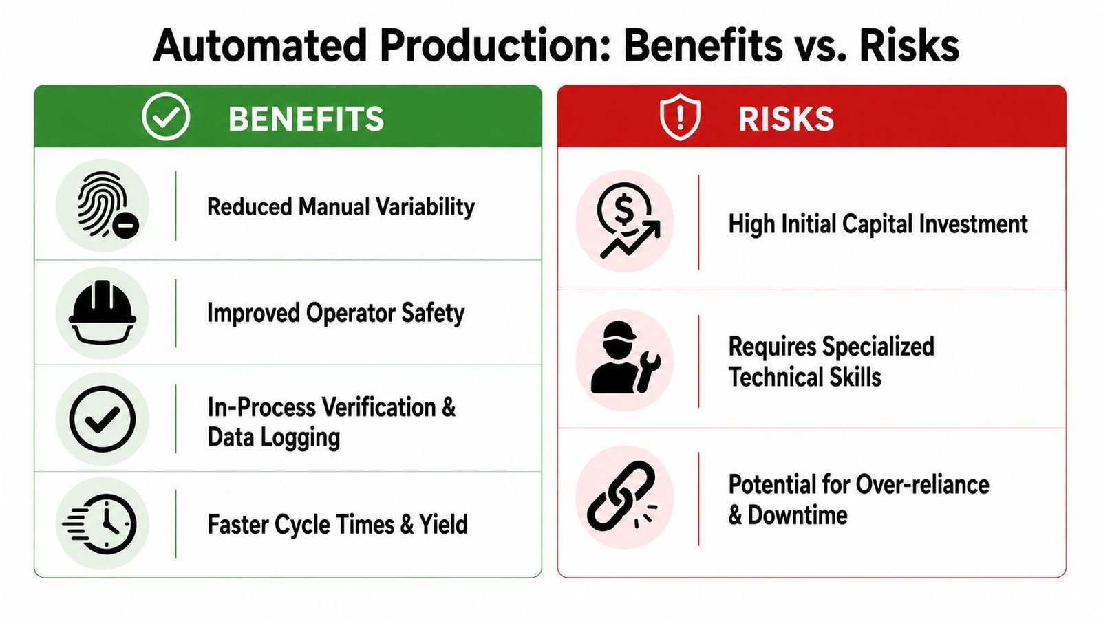A comparison chart outlining the key benefits and potential risks associated with implementing automated production systems.