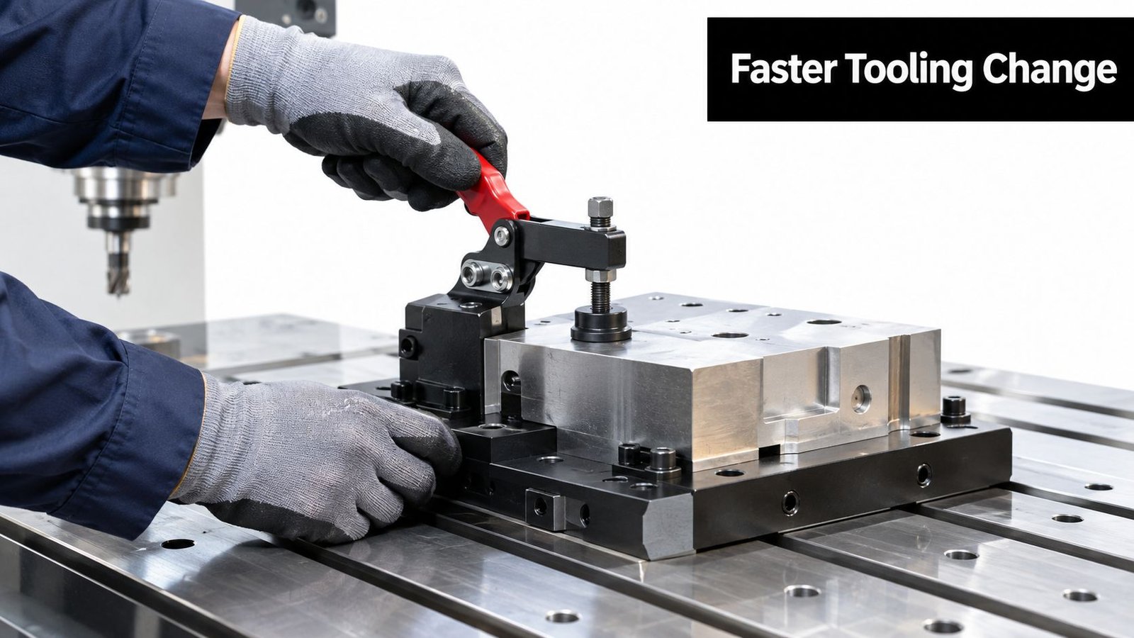 A gloved hand operating a toggle clamp to secure a metal workpiece on a milling machine table.