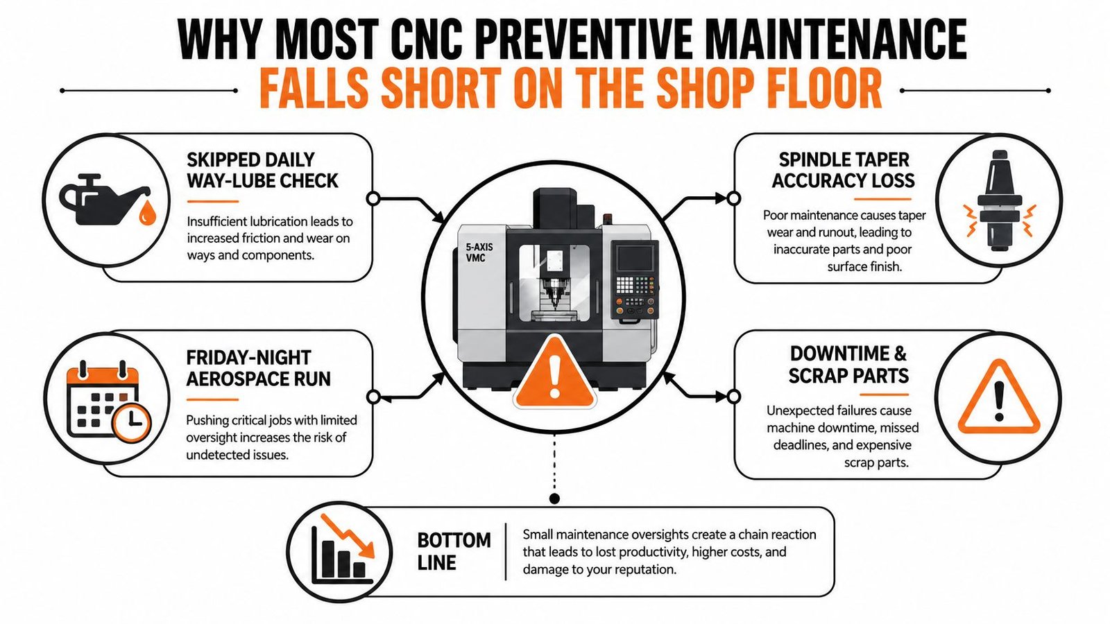 An infographic detailing five common reasons why CNC preventive maintenance often fails on the shop floor.