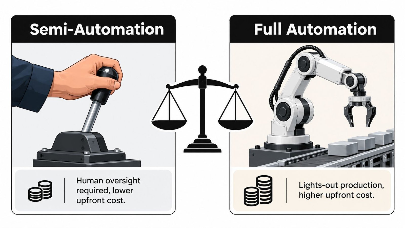 A comparison between semi-automation using human control and full-automation using robotic arms on a production line.