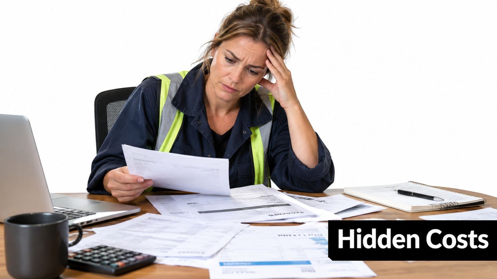 A frustrated professional wearing a high-visibility vest reviews paperwork at a cluttered office desk with expenses.
