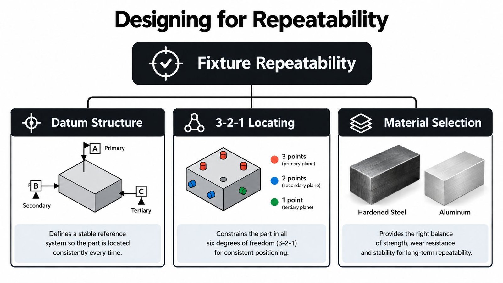 An infographic showing the three essential design factors for creating repeatable, accurate custom test fixtures and workholding.
