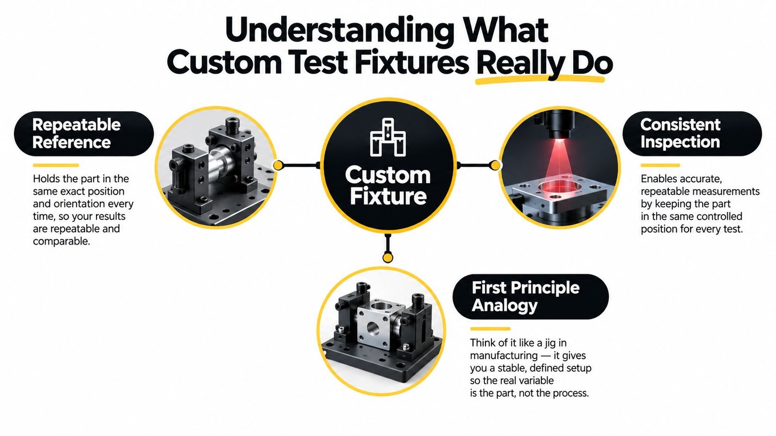 An infographic titled Understanding What Custom Test Fixtures Really Do, explaining their role in manufacturing and inspection.