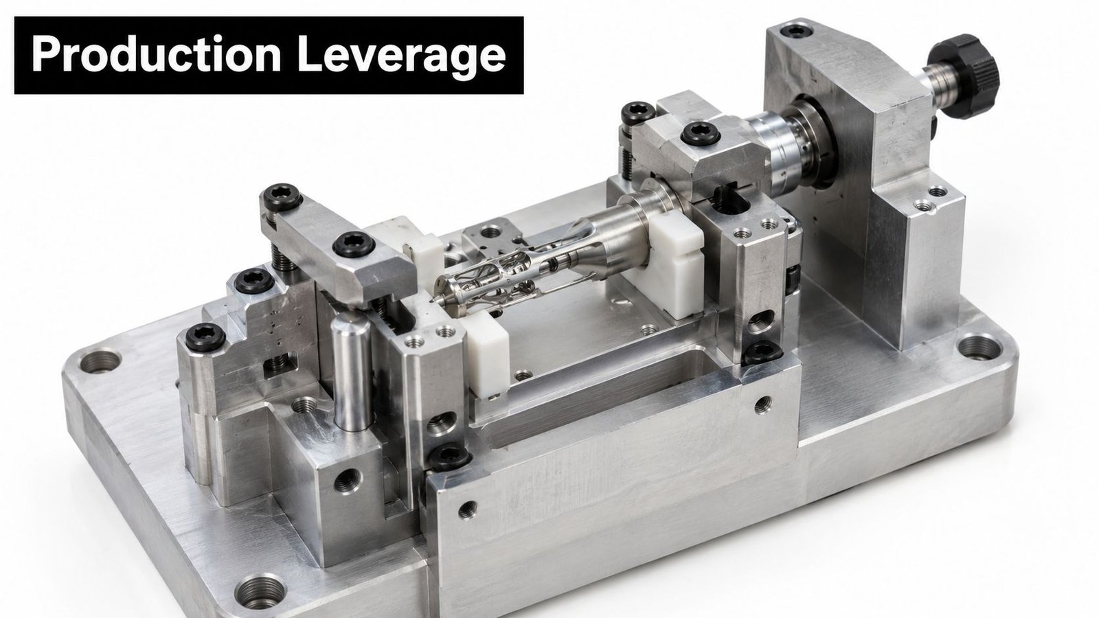 A specialized custom workholding fixture securely holding a complex machined metal component on a workspace surface.