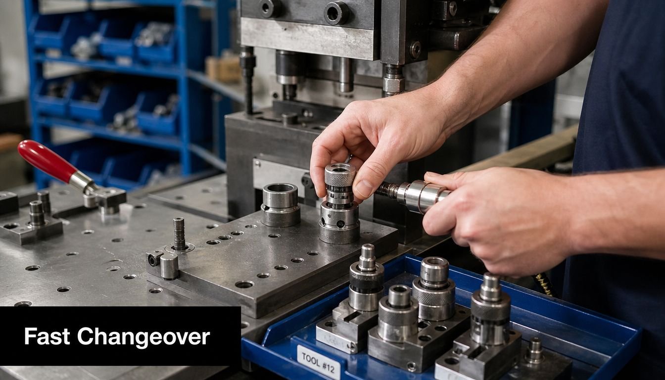 A technician performing a fast changeover on industrial machinery using metal tooling components in a manufacturing facility.