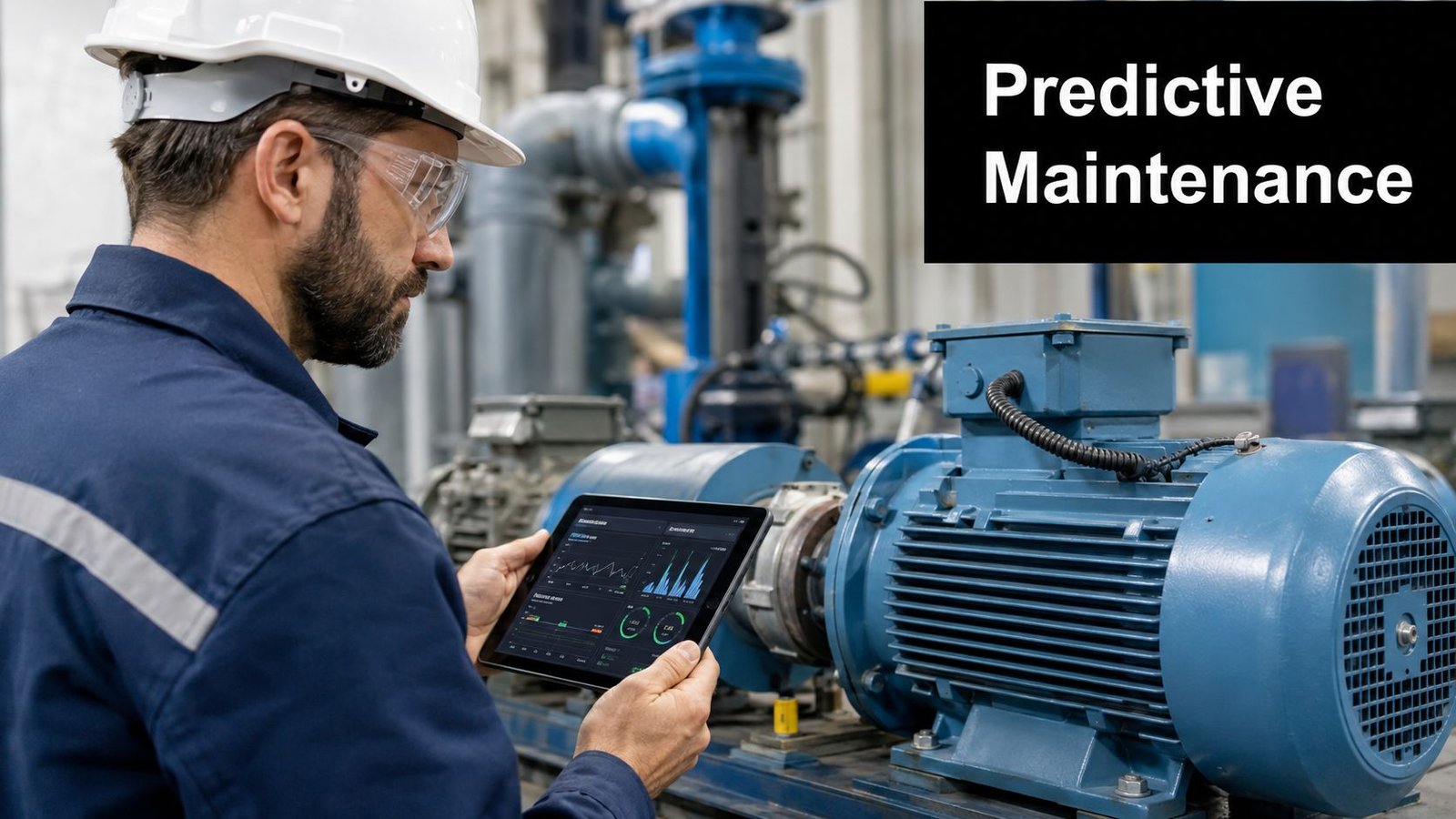 A technician wearing a hard hat and safety glasses checks industrial equipment using a digital tablet device.