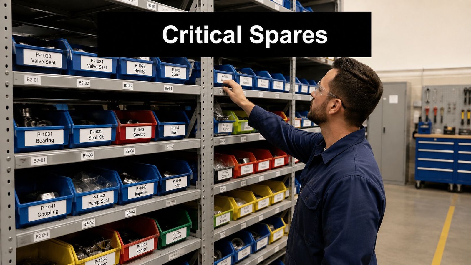 A maintenance technician organizing critical spare parts in a well-labeled warehouse inventory shelving unit.