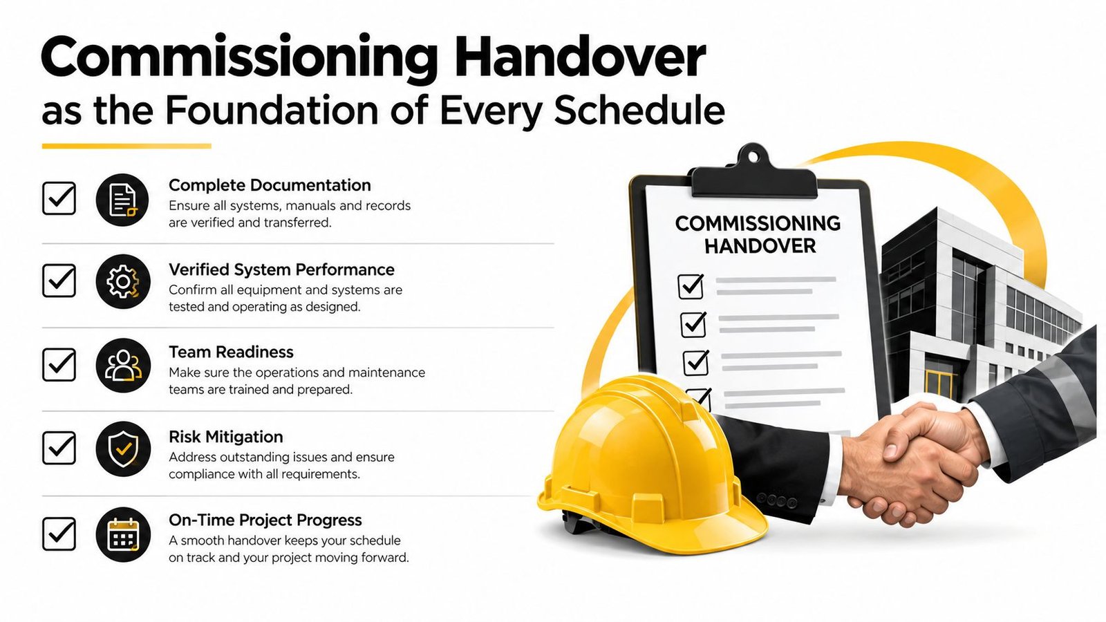 A professional infographic titled Commissioning Handover highlighting key project steps including documentation, system performance, and team readiness.