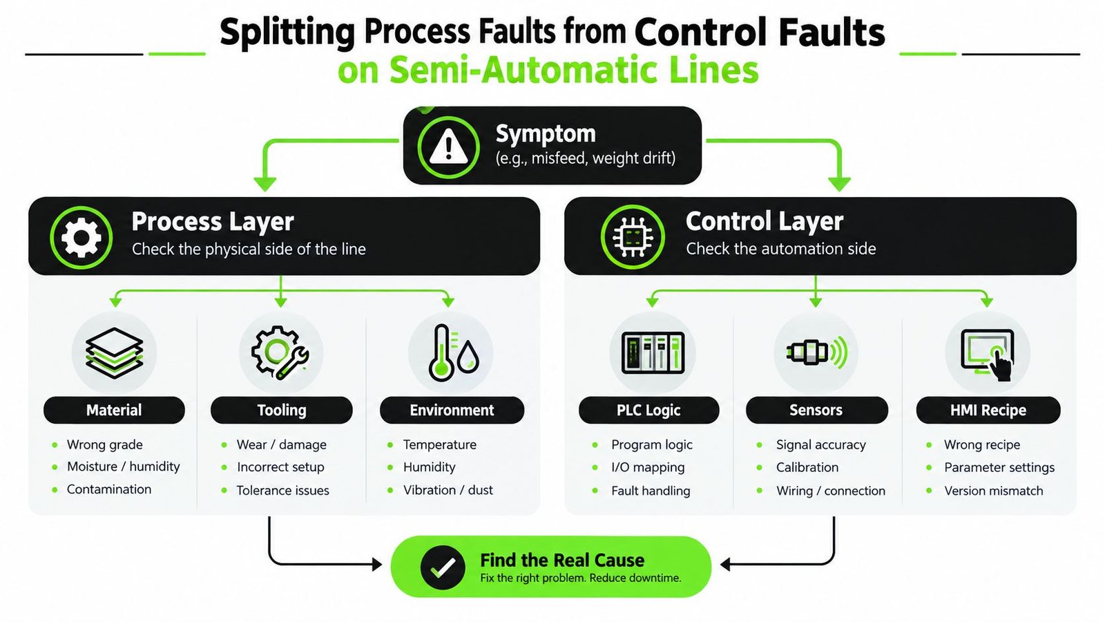 A diagnostic flowchart showing how to troubleshoot equipment faults by separating process layer and control layer issues.