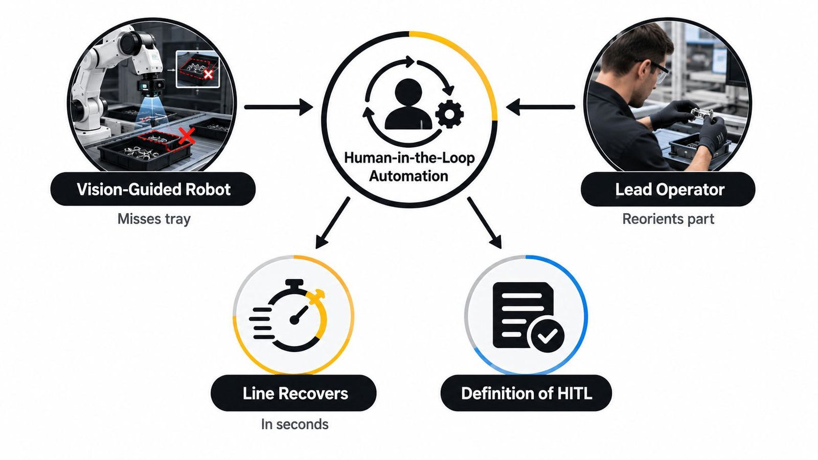 A diagram illustrating human-in-the-loop automation where a robot and operator collaborate to resolve assembly line issues.