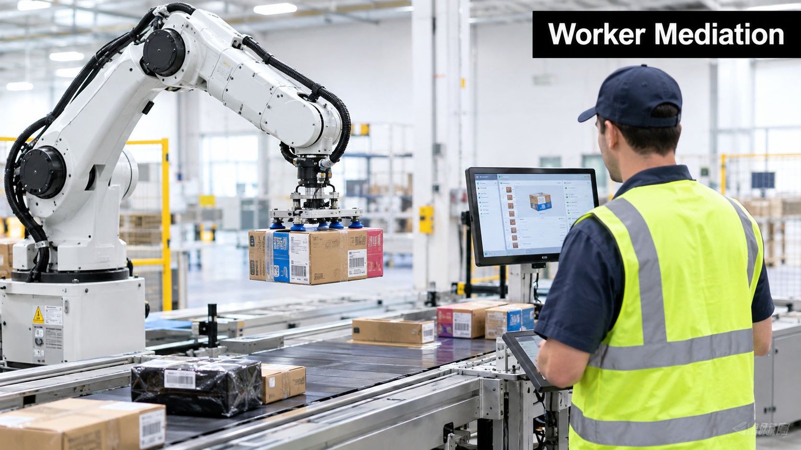 A worker in a high-visibility vest monitors an automated robotic arm moving packages on a factory floor.