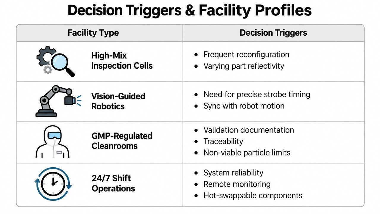 A table outlining four facility types and their corresponding decision triggers for integrated lighting controls in industrial settings.
