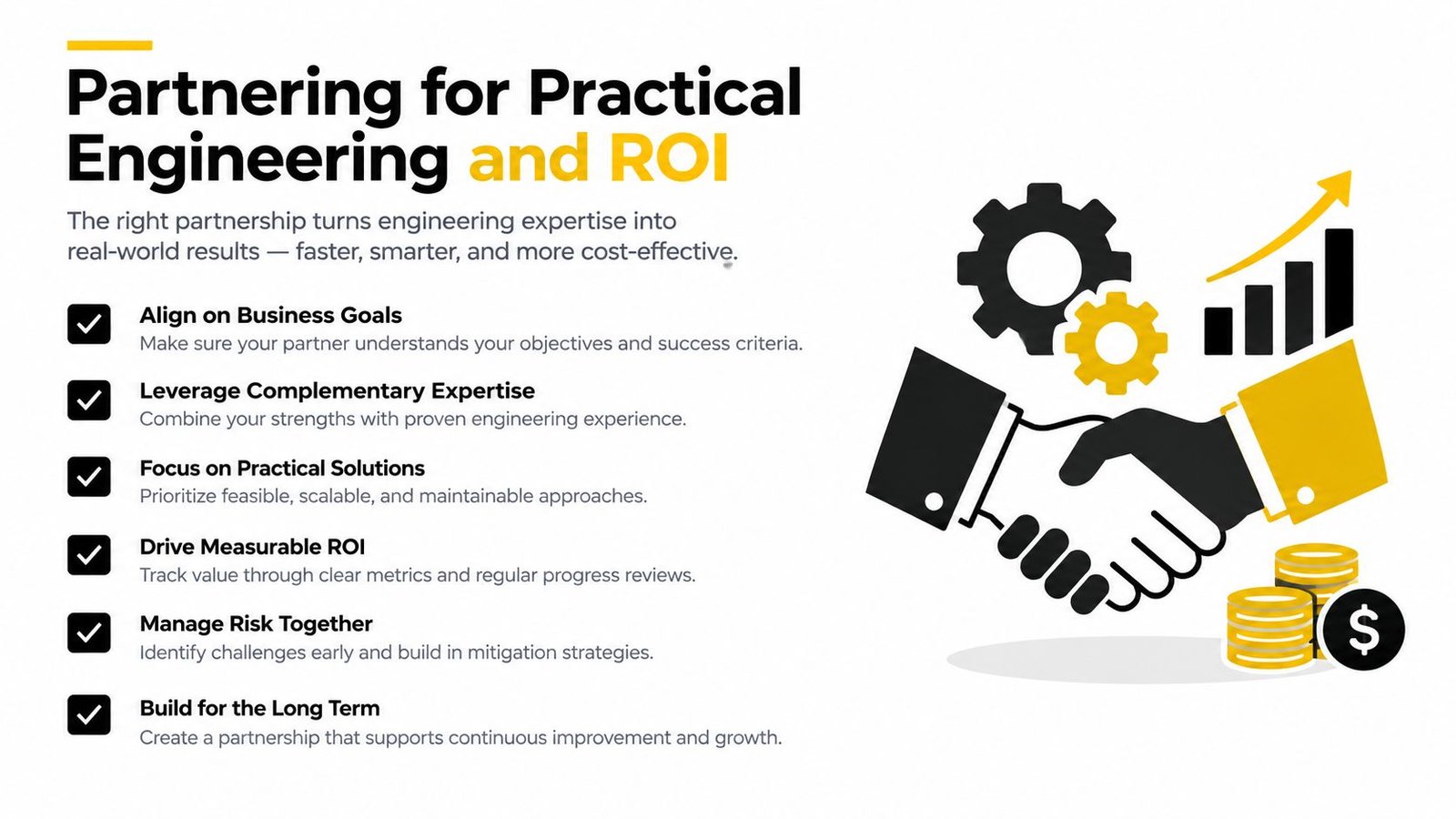 An infographic illustrating business partnership strategies for engineering success and ROI with a professional handshake icon.