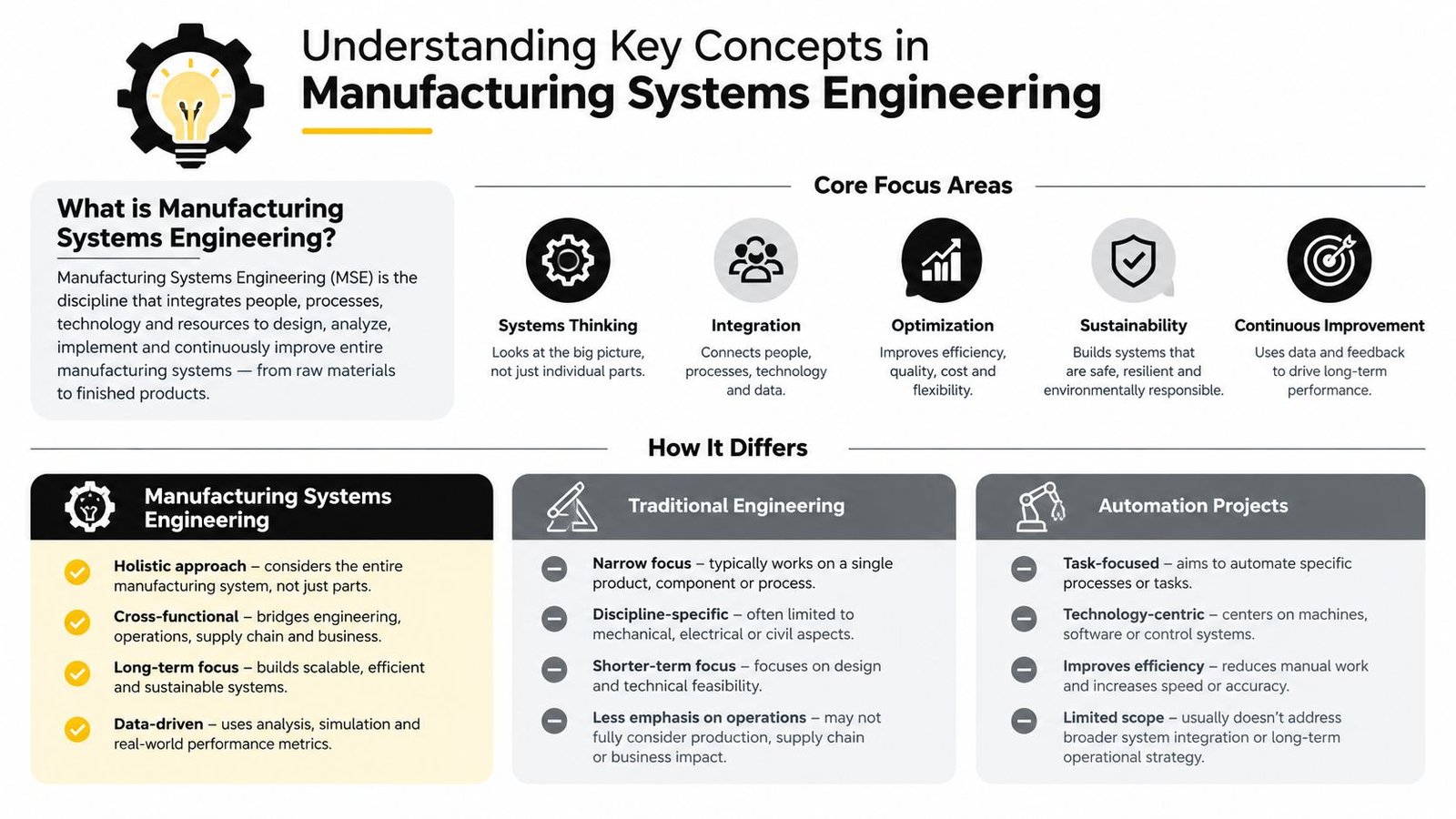 An infographic titled Understanding Key Concepts in Manufacturing Systems Engineering detailing focus areas, differences, and core methodologies.