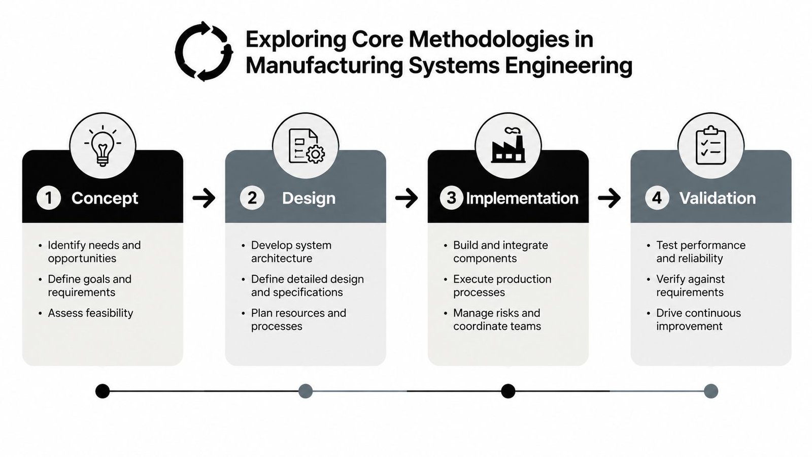A diagram outlining the four core phases of manufacturing systems engineering: Concept, Design, Implementation, and Validation.