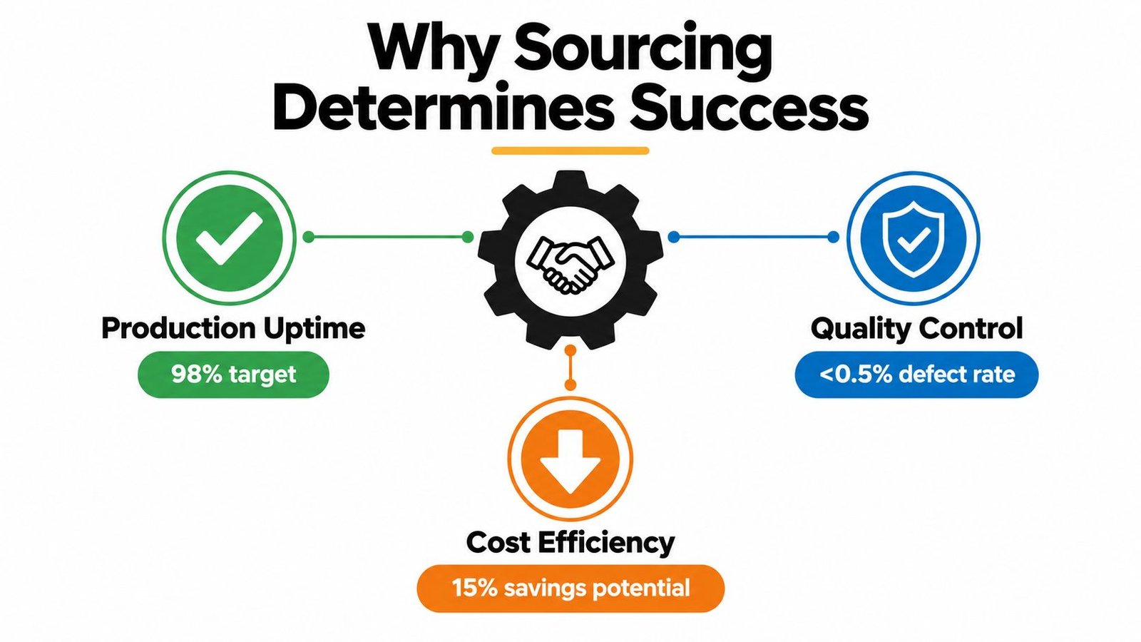 An infographic titled Why Sourcing Determines Success, showing icons for production uptime, quality control, and cost efficiency.