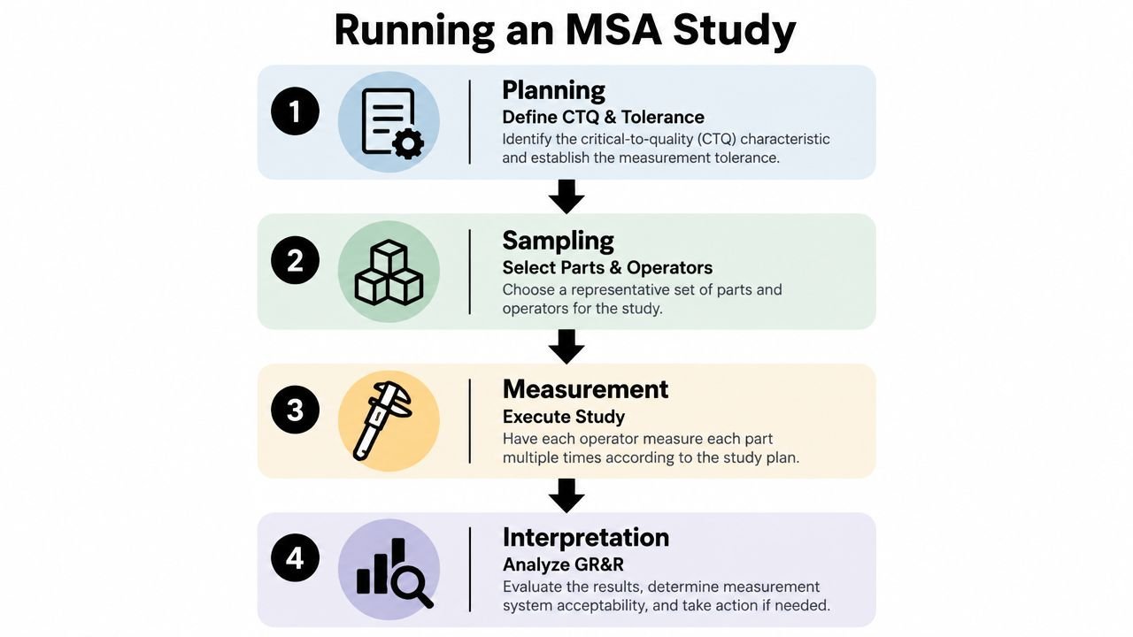 A four-step infographic illustrating the process of running a Measurement System Analysis (MSA) study.