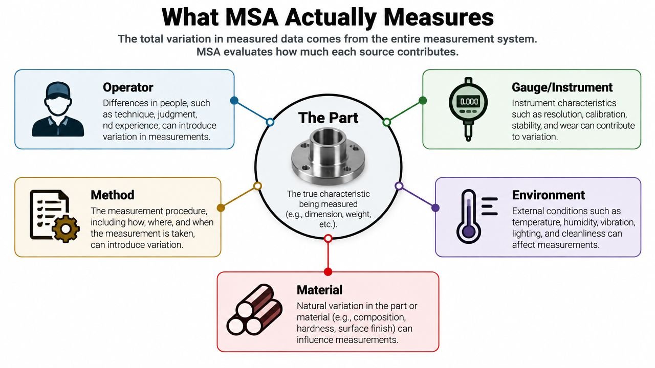 A diagram illustrating the five main sources of variation in a measurement system analysis for manufacturing parts.