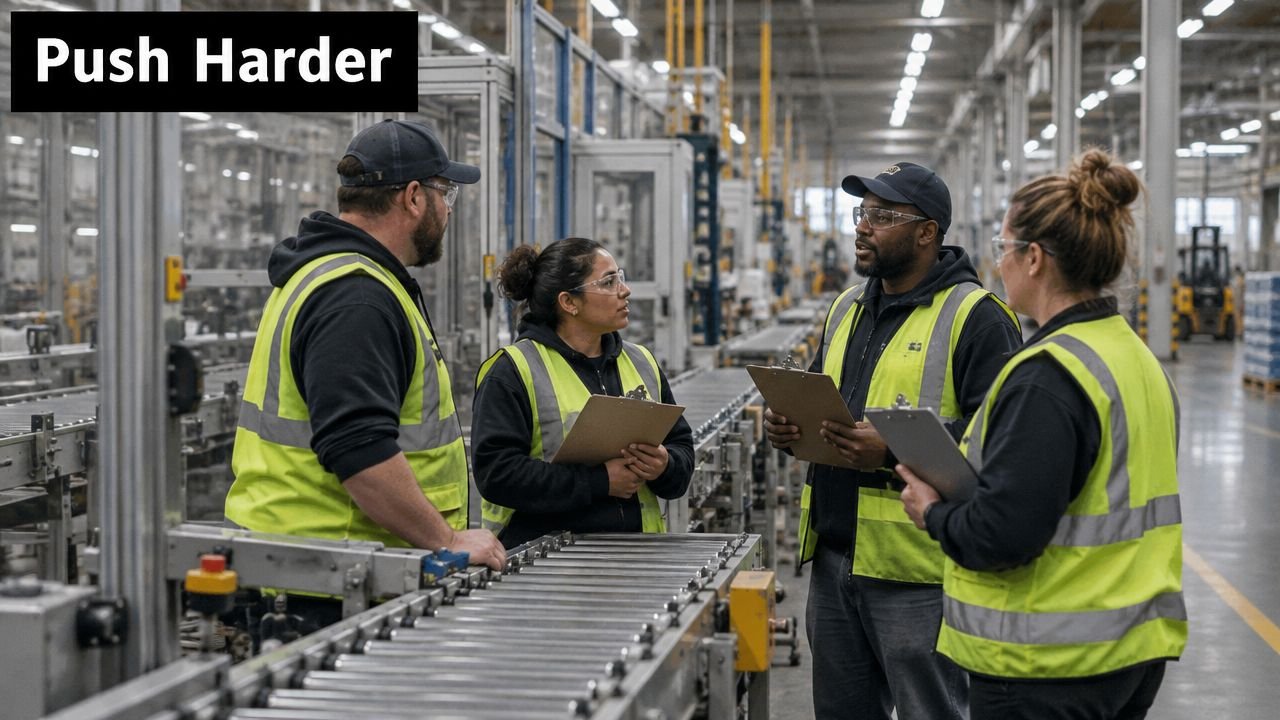 A team of warehouse employees in safety vests and protective glasses discussing work procedures on the factory floor.