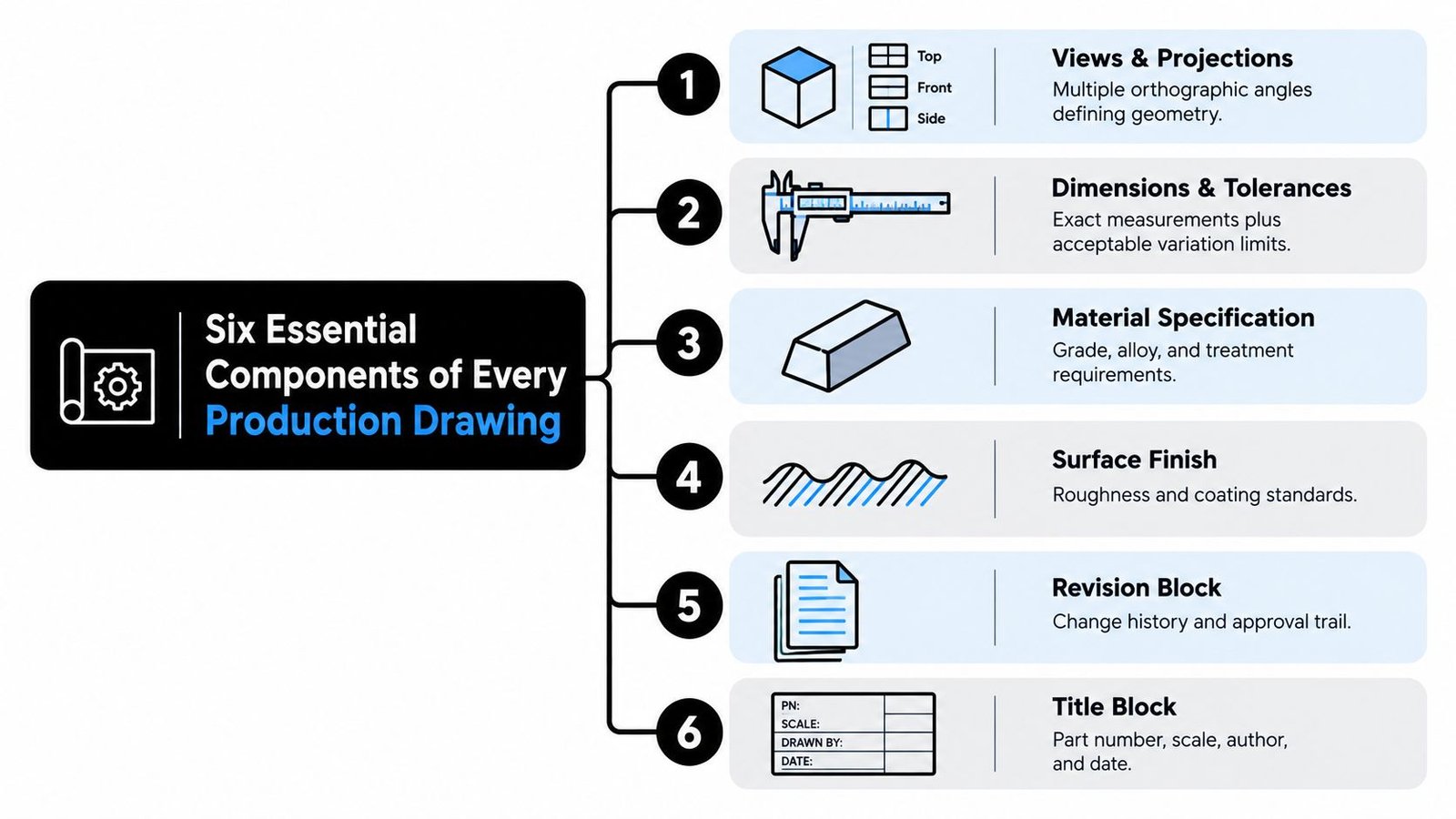 A diagram illustrating the six essential components of a production drawing, including views, tolerances, and title blocks.