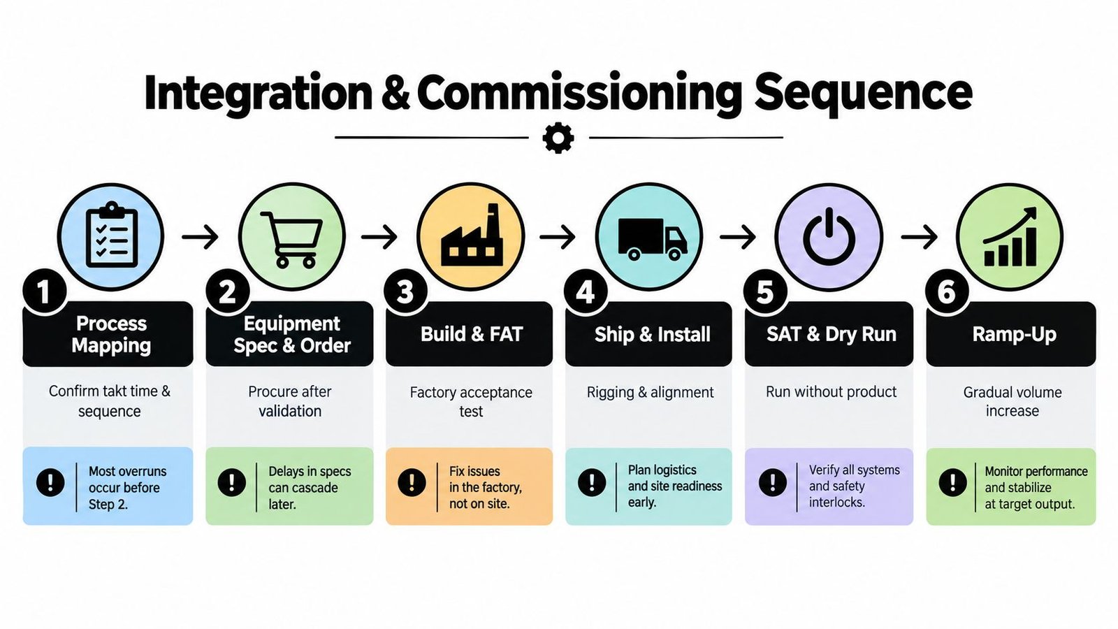 A flowchart showing the six-step sequence for industrial equipment integration and commissioning, from process mapping to ramp-up.