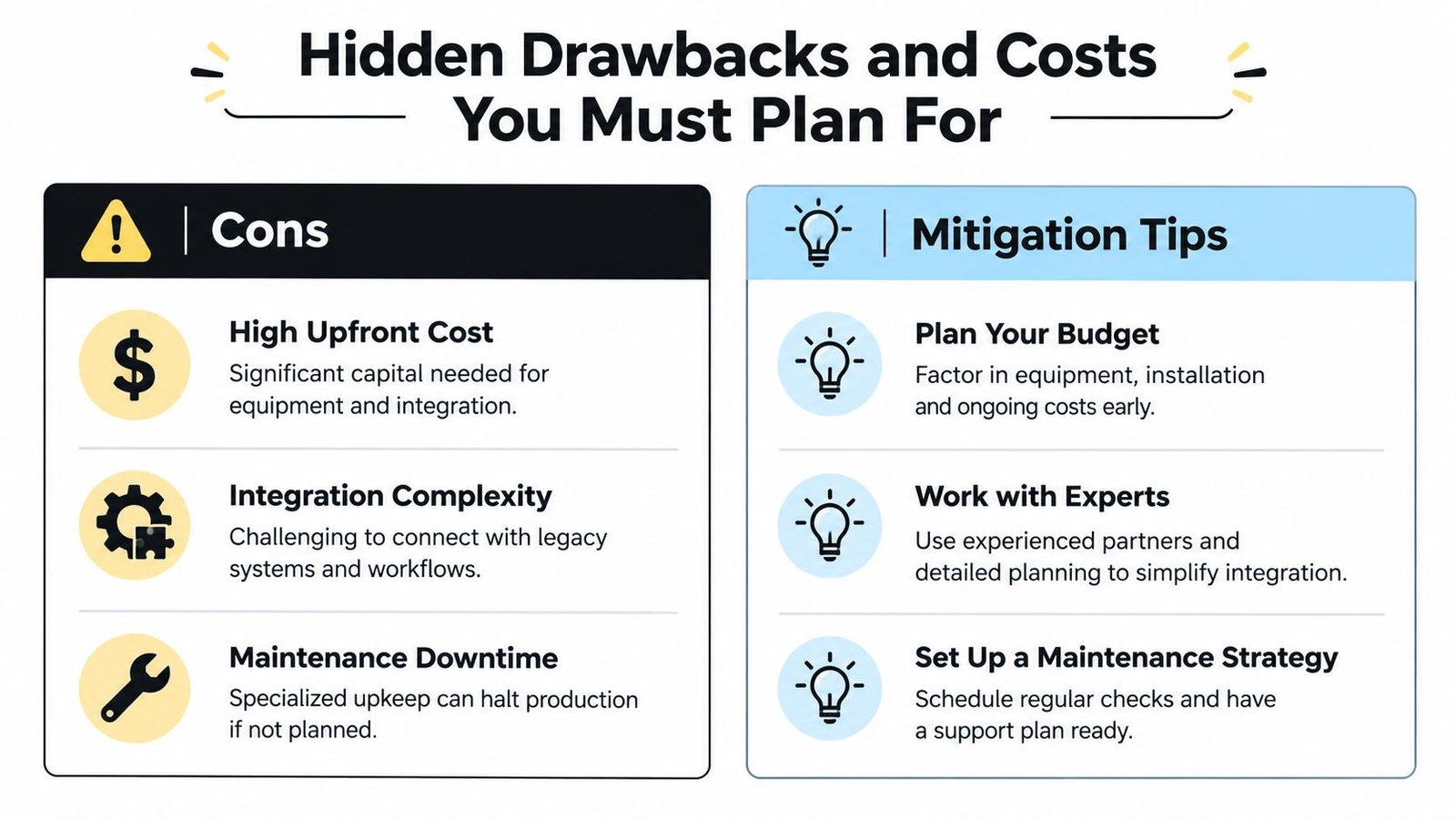 A comparison chart outlining potential drawbacks of industrial automation and effective strategies to mitigate those risks.