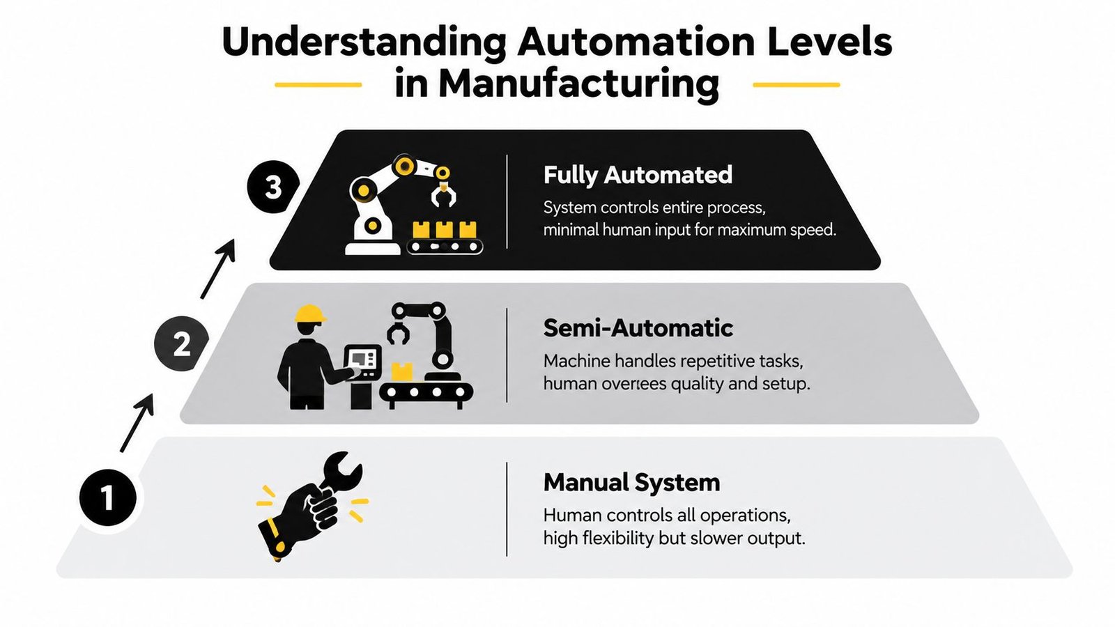A pyramid chart illustrating the three levels of manufacturing automation from manual systems to fully automated processes.