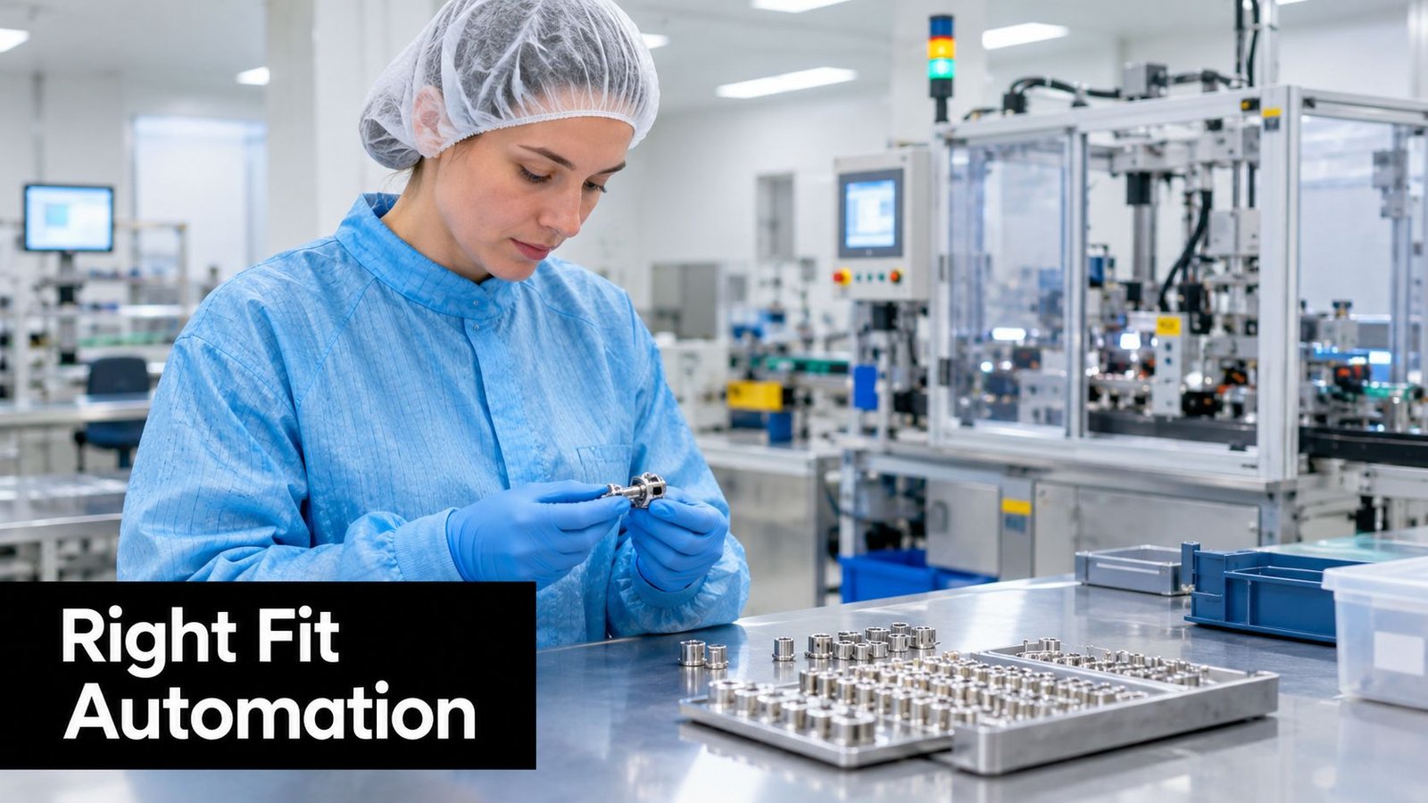 A technician wearing a hairnet and blue protective gown inspects small metal components in a sterile manufacturing facility.
