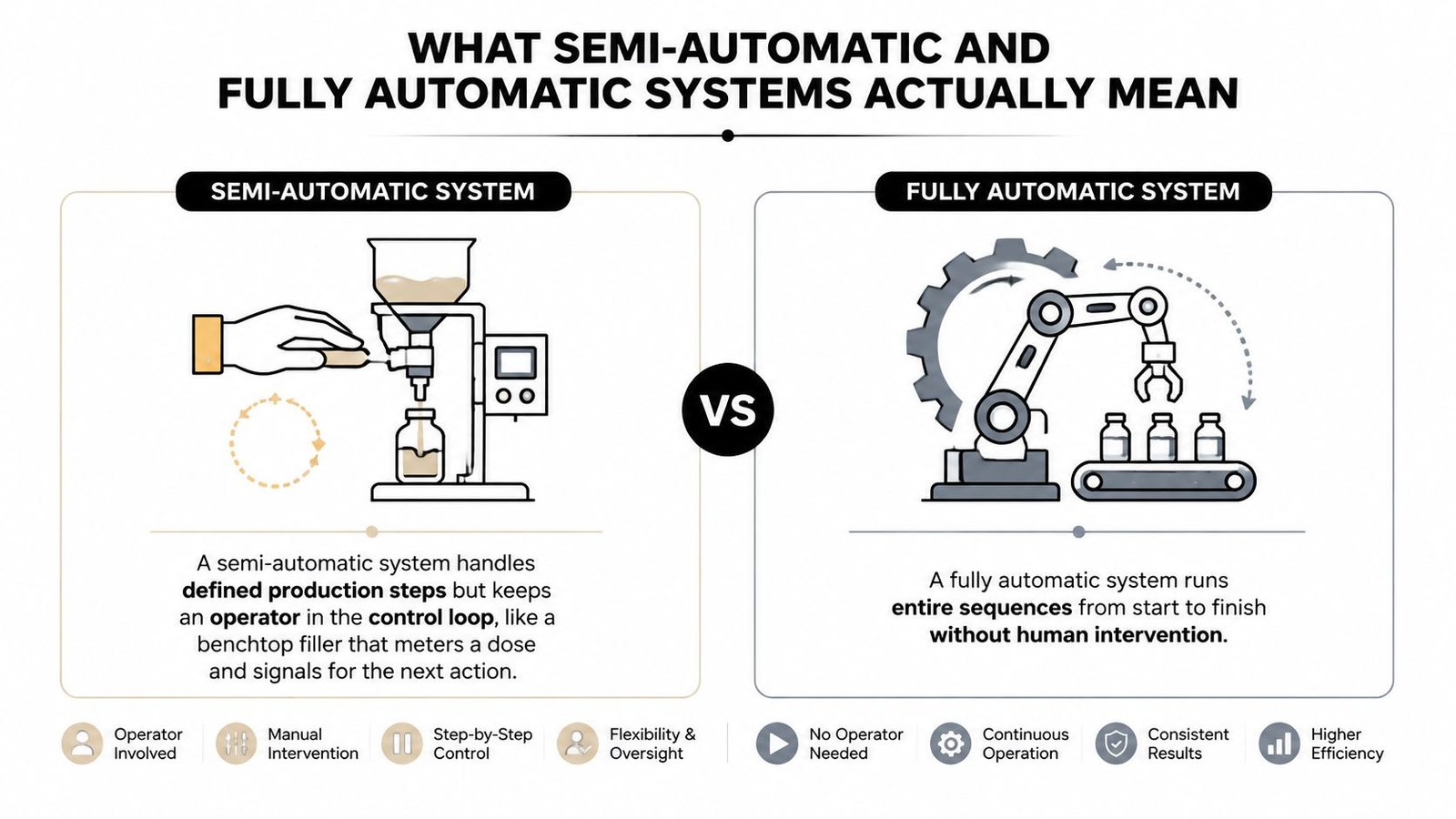 An infographic comparing a semi-automatic system with human operator intervention against a fully automatic system without intervention.
