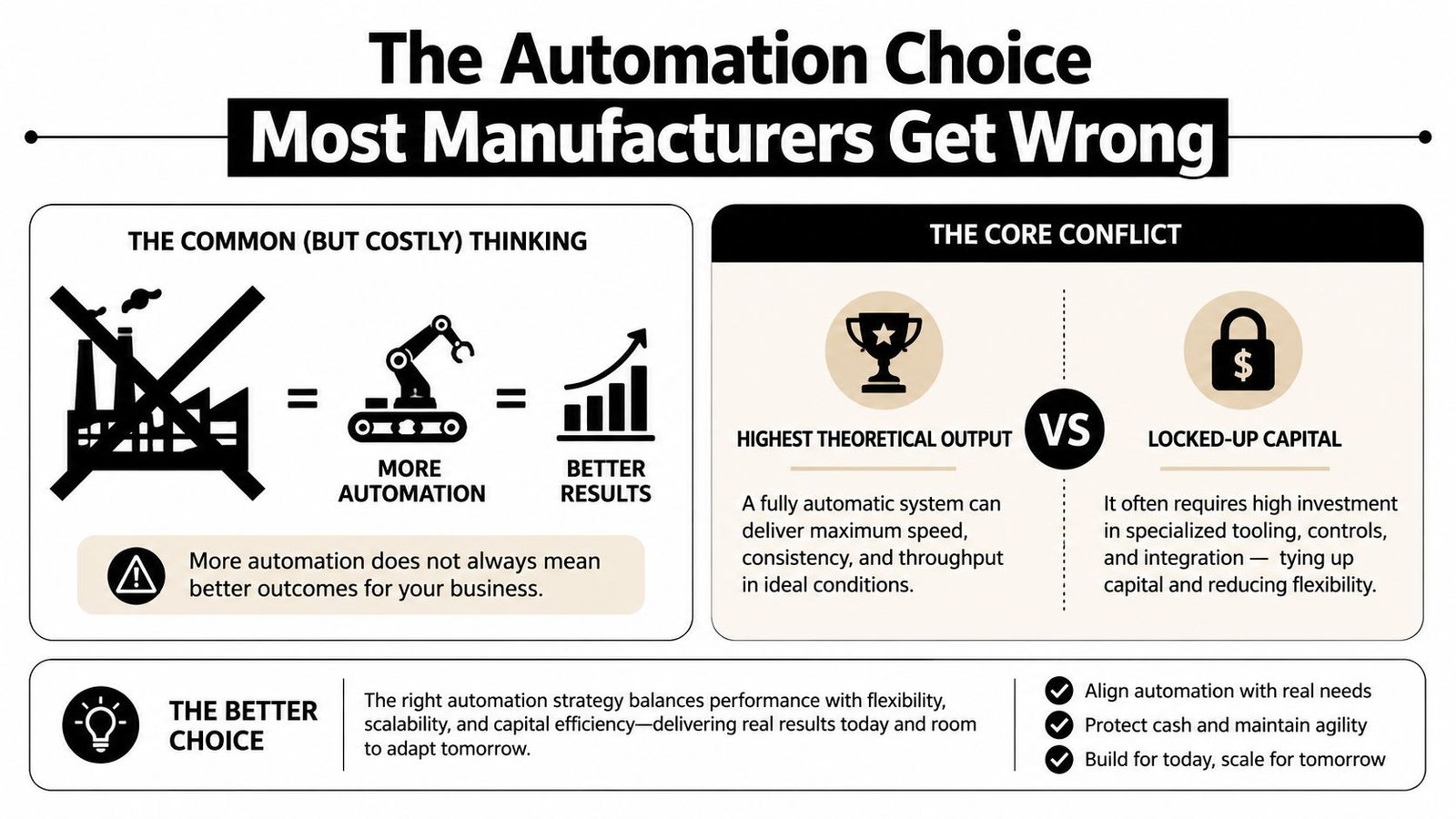An infographic titled The Automation Choice Most Manufacturers Get Wrong, comparing common automation assumptions with reality.
