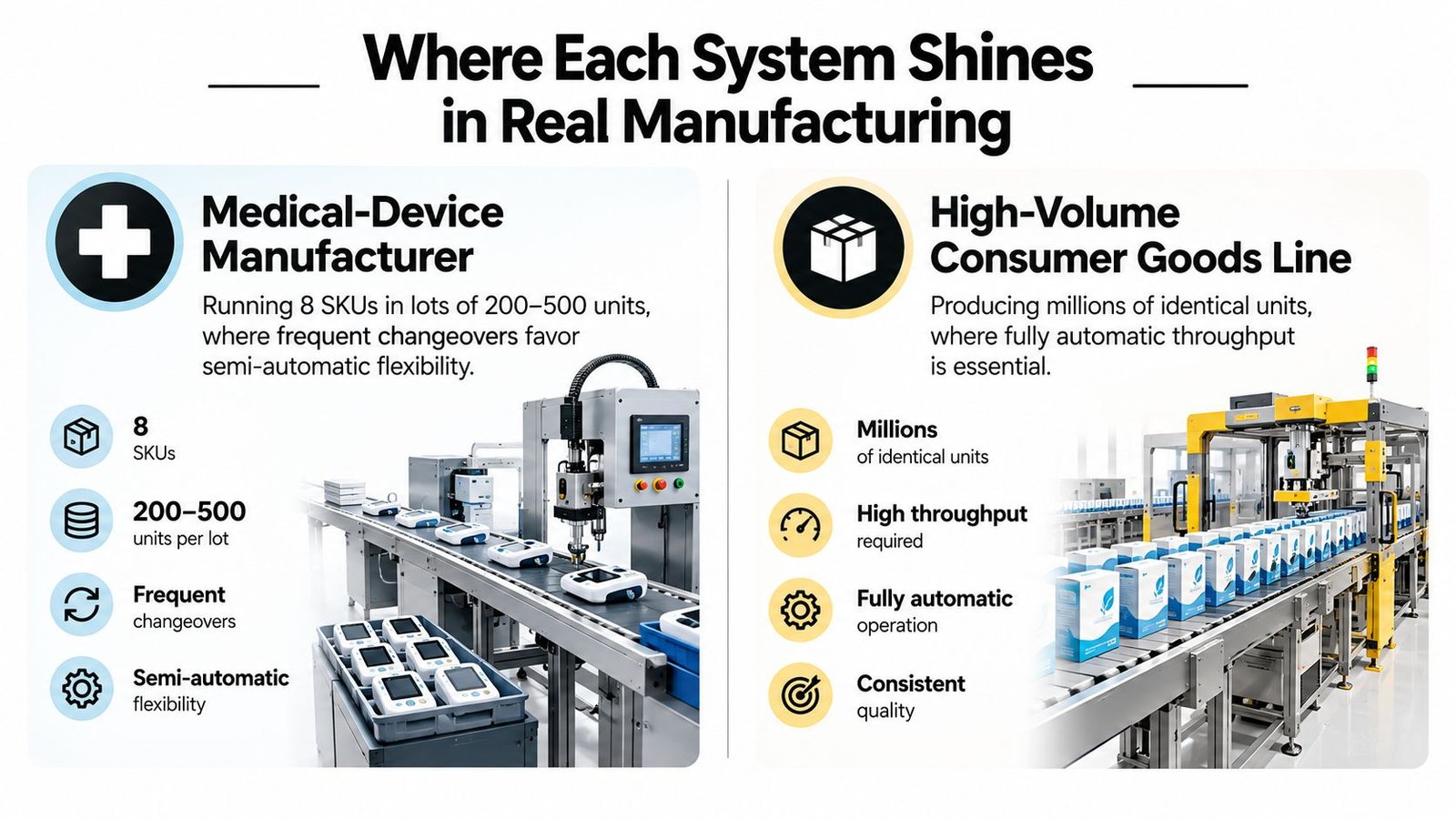 A comparison chart highlighting the differences between semi-automatic and fully automatic manufacturing systems for industrial production.