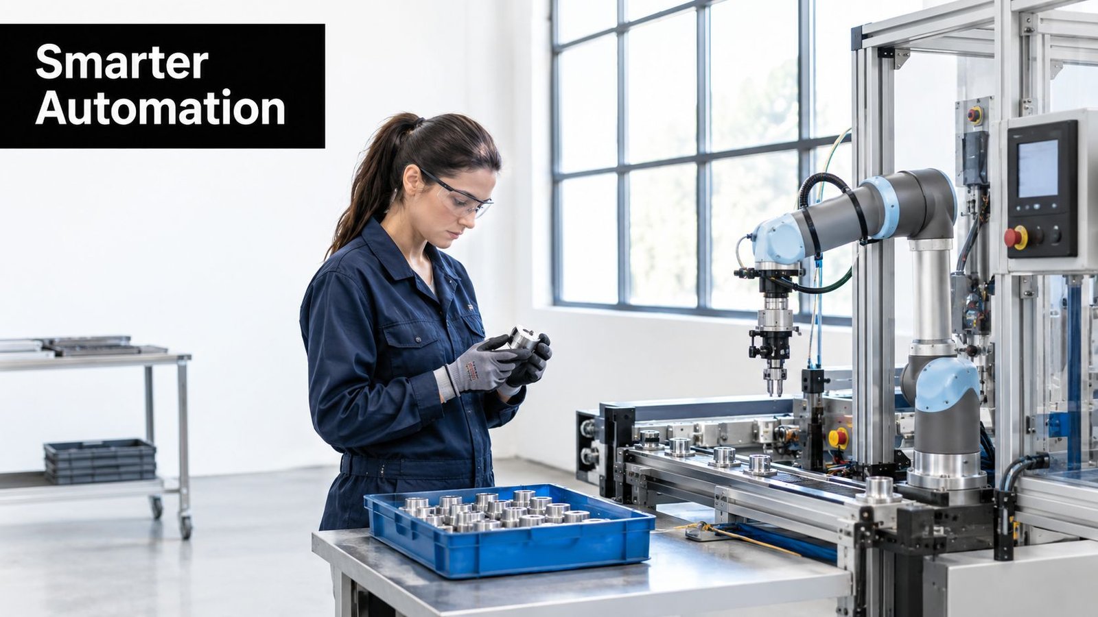A female factory technician wearing safety glasses and gloves inspecting a metal part near an automated robot arm.