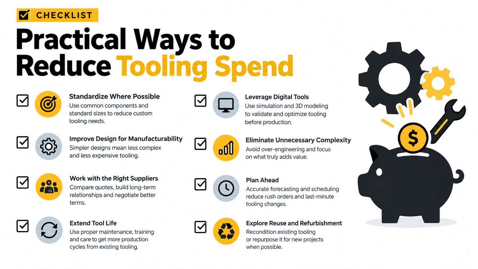 A checklist infographic titled Practical Ways to Reduce Tooling Spend featuring eight cost-saving industrial manufacturing strategies.