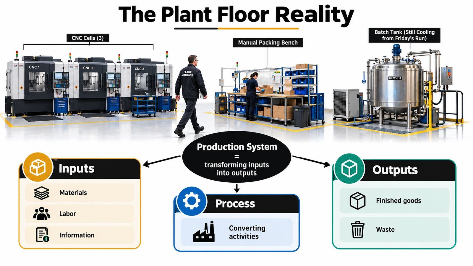 A diagram illustrating a manufacturing production system, showing floor operations with CNC machines, manual packing, and batch tanks.