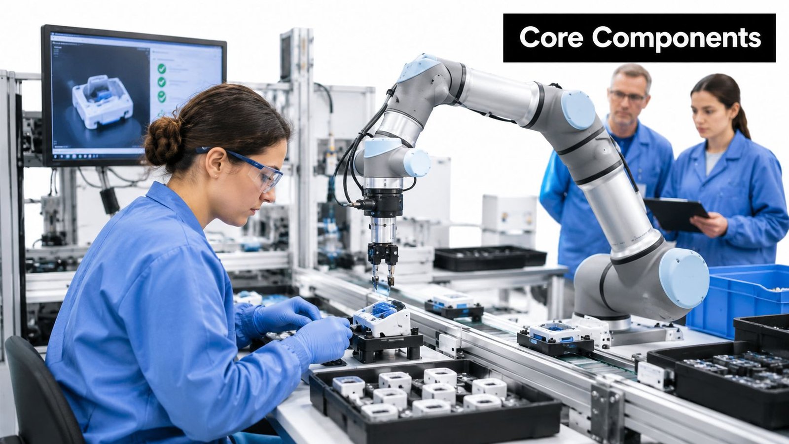 A technician works with a robotic arm on an automated manufacturing assembly line in a modern factory.