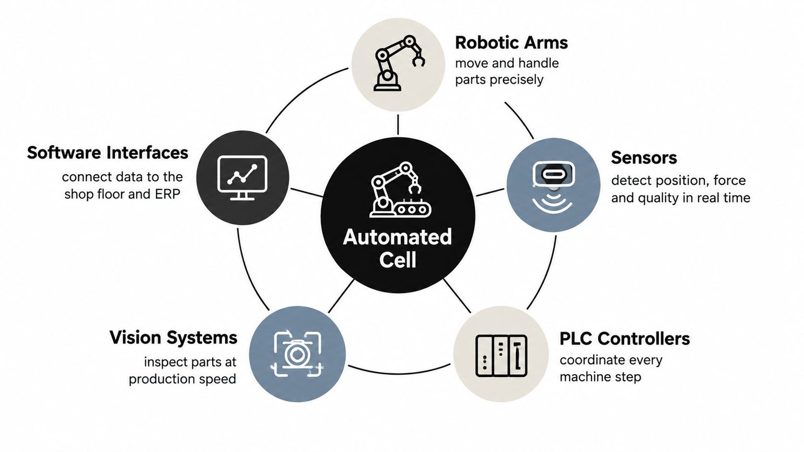 A diagram illustrating the key components of an automated cell in a modern industrial manufacturing environment.