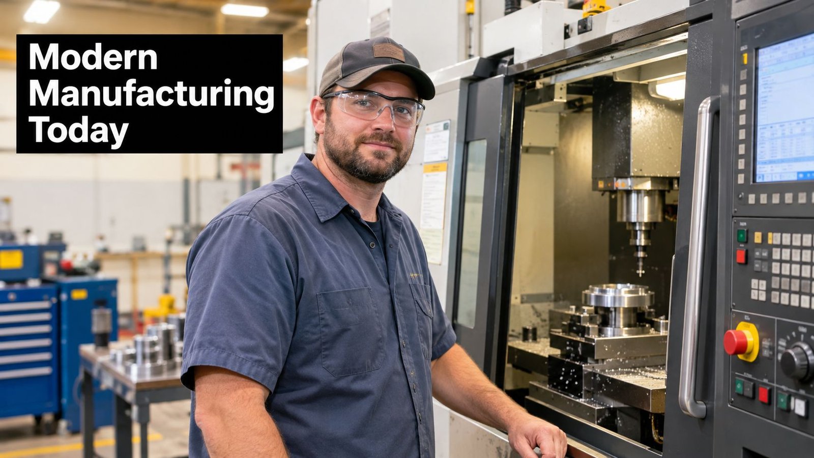 A professional male machinist operating a CNC machine in a modern factory setting wearing safety glasses.