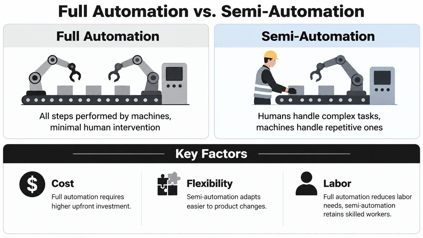 A comparison chart showing the differences between full automation and semi-automation in industrial assembly processes.