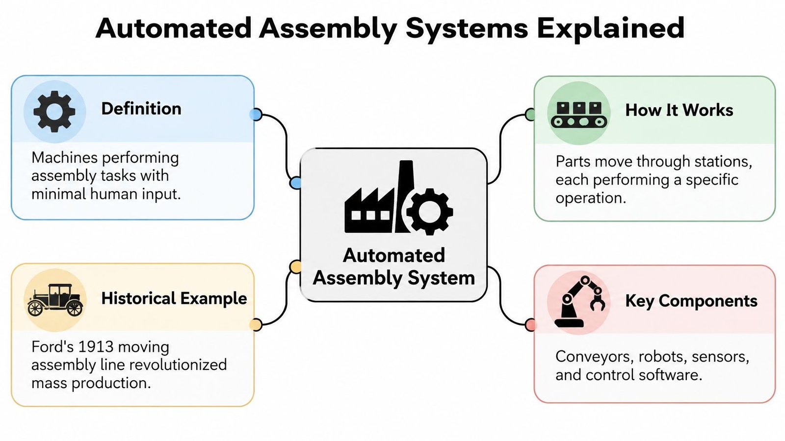 A diagram illustrating the concept of automated assembly systems including definition, examples, components, and operational flow.