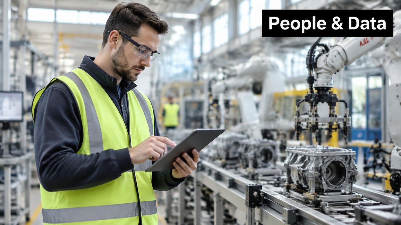 A factory worker wearing safety goggles and a high-visibility vest uses a tablet in an automated assembly facility.