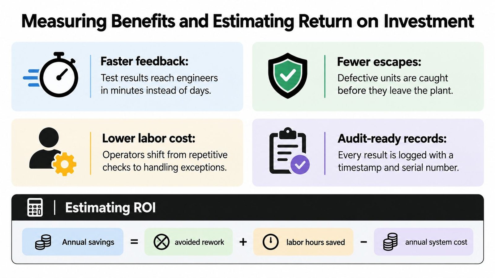 An infographic showing benefits of automated testing like faster feedback and cost reduction alongside an ROI formula.