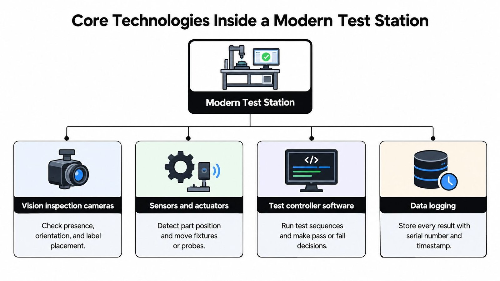 A diagram illustrating the four core technologies of a modern automated test station including vision, sensors, software, and logging.