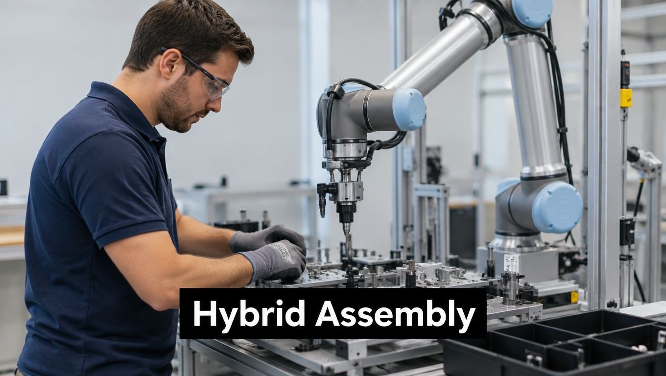 A technician wearing safety glasses works alongside a robotic arm during a hybrid assembly process in factory.