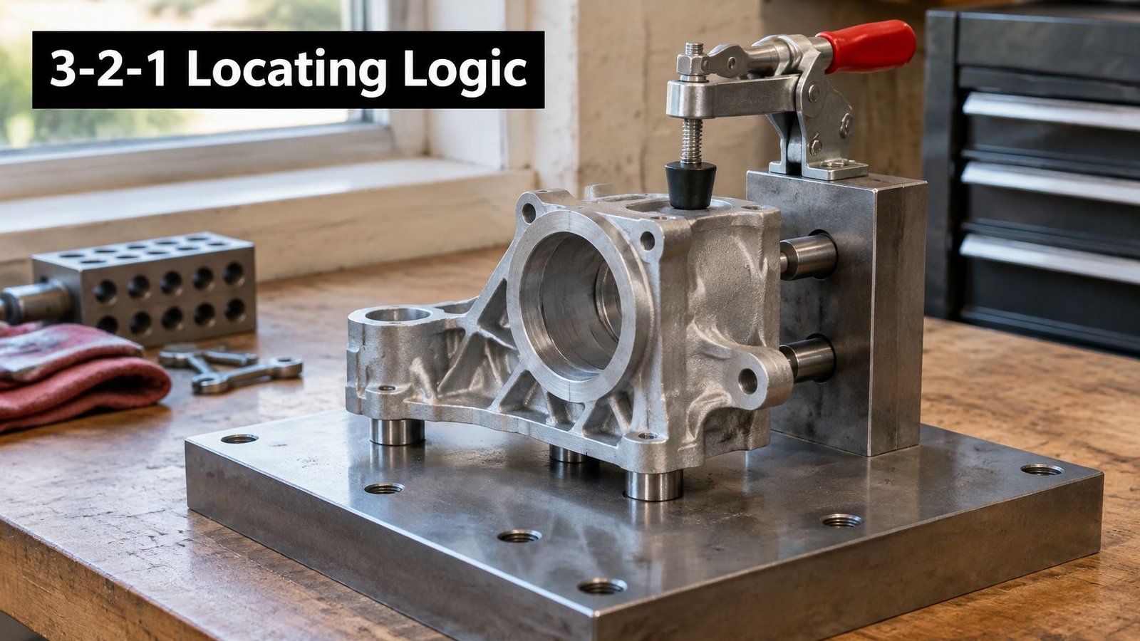 A metal workpiece mounted on a heavy fixture plate demonstrating the 3-2-1 locating logic principle in machining.